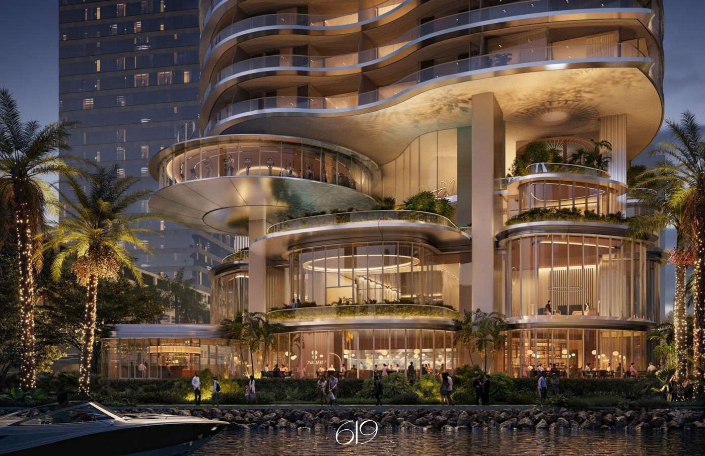 619 NOBU — Fachada nocturna sobre Biscayne Bay